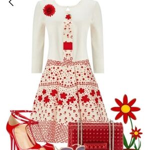 Ruby Belle Vintage Red Orange Off White Floral Dress 8